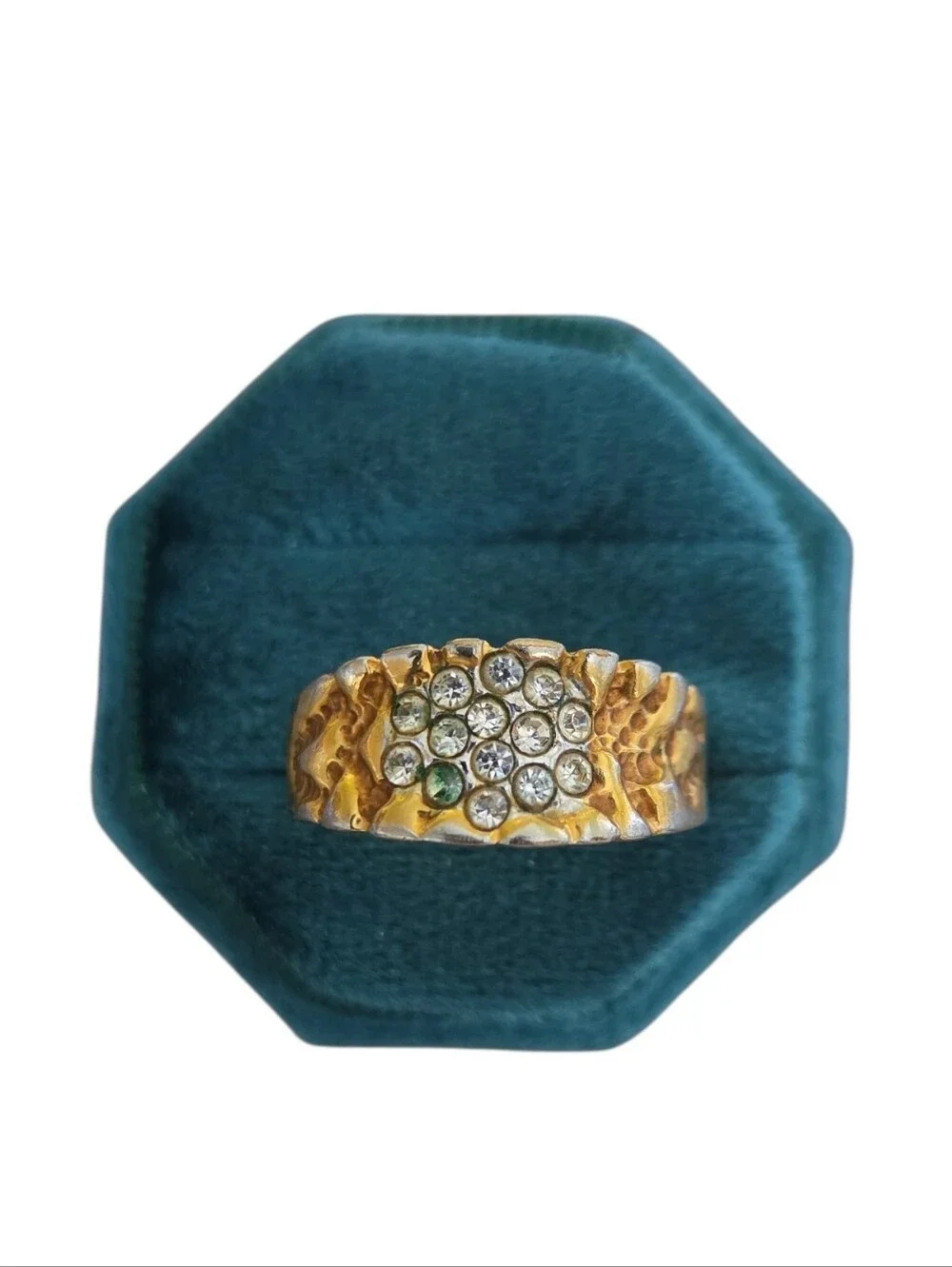 Vintage Size 13 18KT HGE Gold-Tone Crystal Cluster Nugget Wide Band Ring